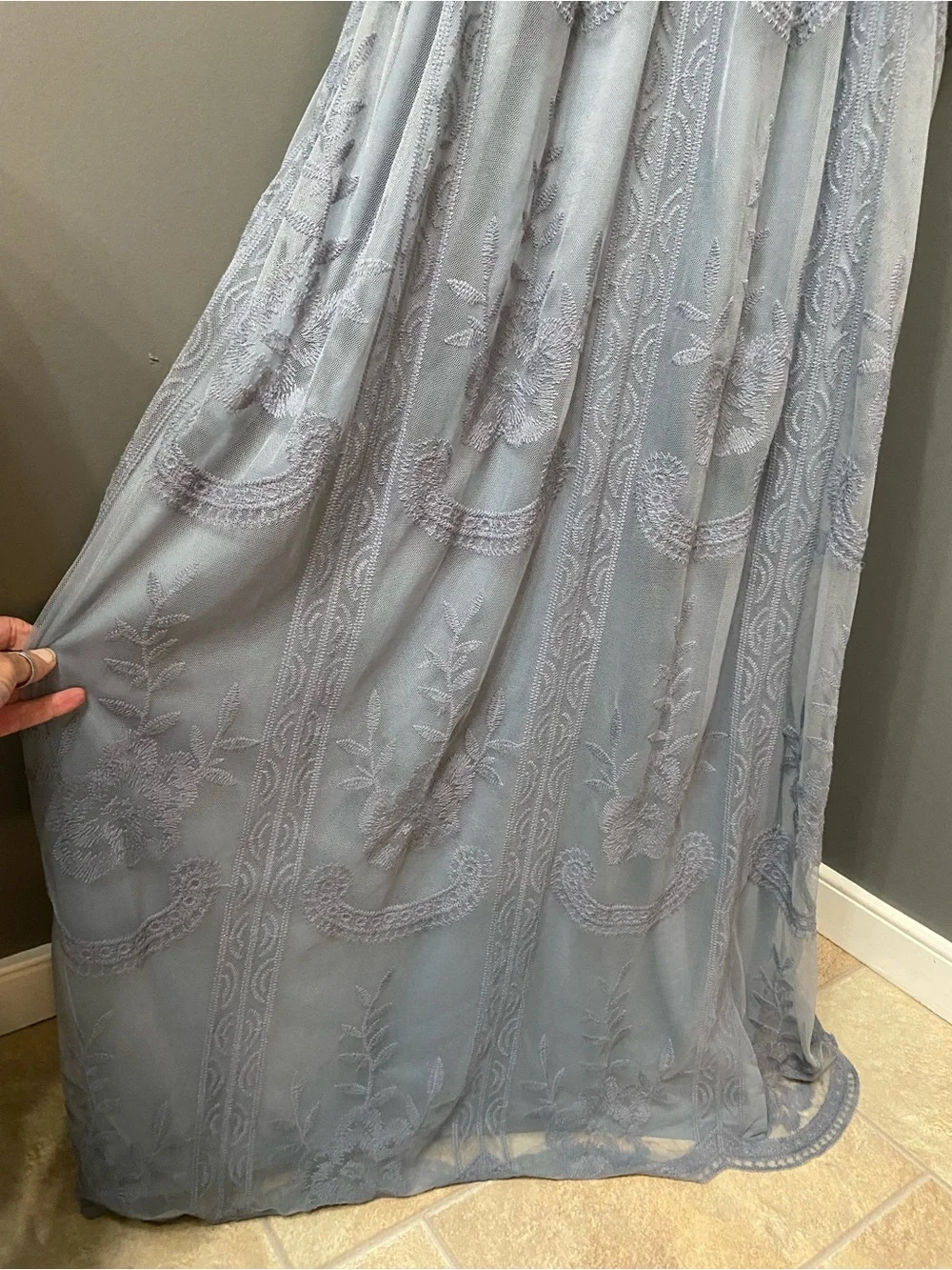 PINKBLUSH Light Blue Mesh/Lace Overlay Maternity Maxi Dress 3X Deep V-Neck Gown - Picture 12 of 17